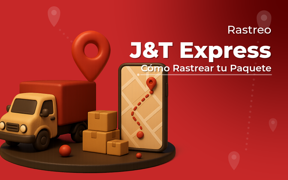 Ilustración 3D de camión de entrega con paquetes, celular mostrando mapa de rastreo y pin de ubicación sobre fondo rojo J&T Express