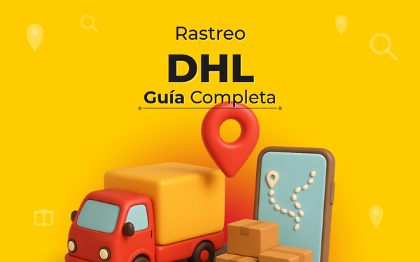 Ilustración 3D de caja de paquete con colores DHL amarillo y rojo, celular mostrando mapa de rastreo y pin de ubicación