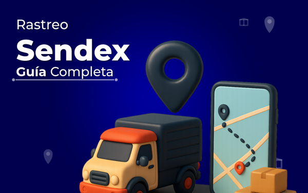 Ilustración 3D de caja de paquete con colores Sendex, celular mostrando mapa de rastreo y pin de ubicación