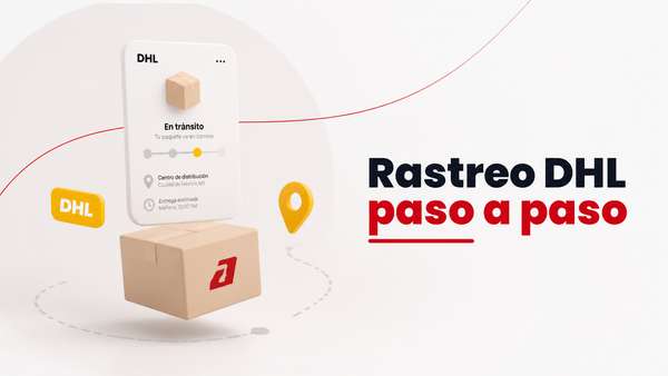 Ilustración 3D de caja de paquete con colores DHL amarillo y rojo, celular mostrando mapa de rastreo y pin de ubicación