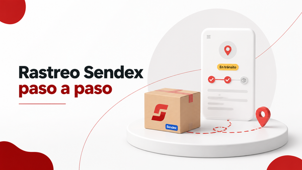 Ilustración 3D de caja de paquete con colores Sendex, celular mostrando mapa de rastreo y pin de ubicación